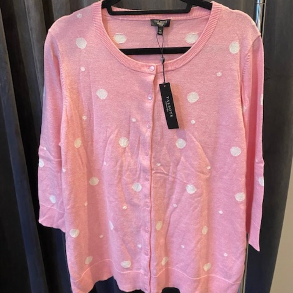 NWT Talbots Womens Cardigan Size 1X Pink with white poka dots.